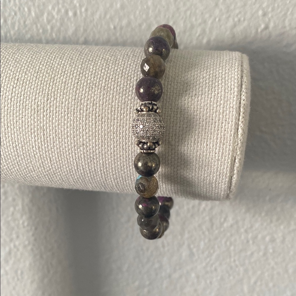 Cubic Zirconia & Hematite/Labradorite Toggle Clasp Stretch Bracelet
